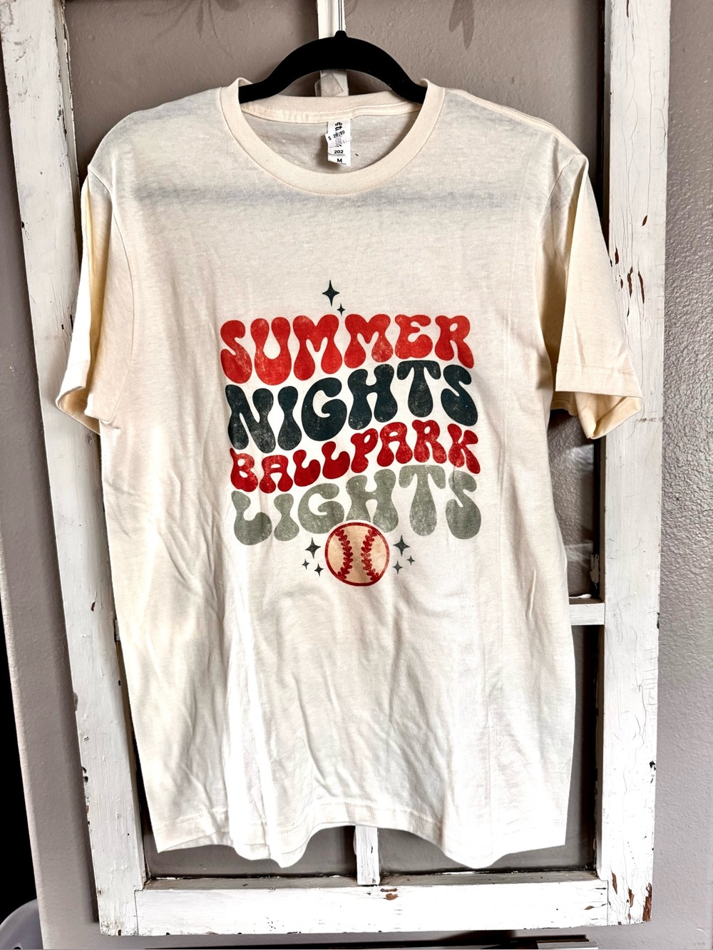Summer Nights Ballpark Lights Graphic Tee - Cream with salmon & sage green Print